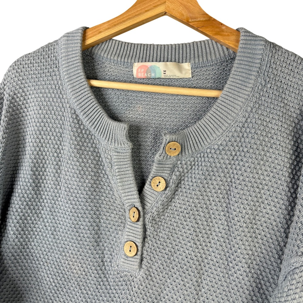 Free People FP Beach Light Blue Cotton Henley Waffle Knit Sweater Medium